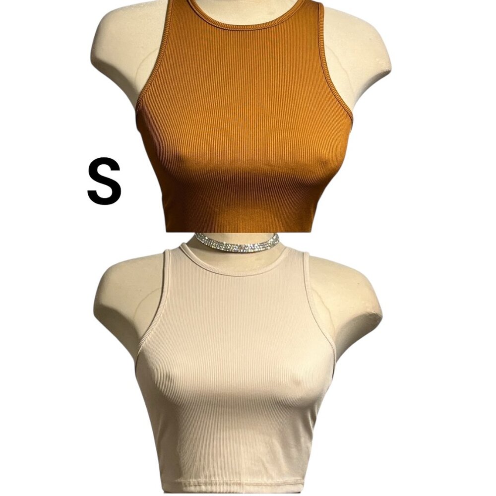 2 SHEIN Ribbed Tank Tops Size Small Beige and Camel Cropped